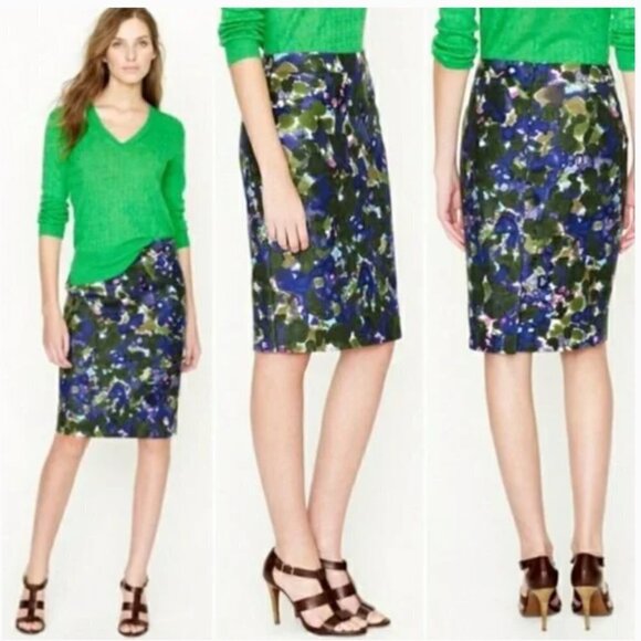 J. Crew Green, Blue & Pink Watercolor Print Pencil Skirt Size 2 - Picture 2 of 9